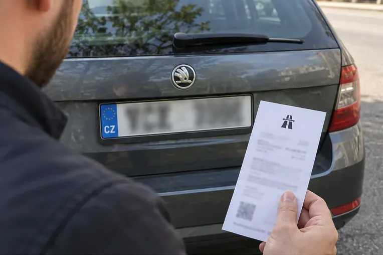 Řidič porovnává potvrzení o elektronické dálniční známce s registrační značkou na vozidle