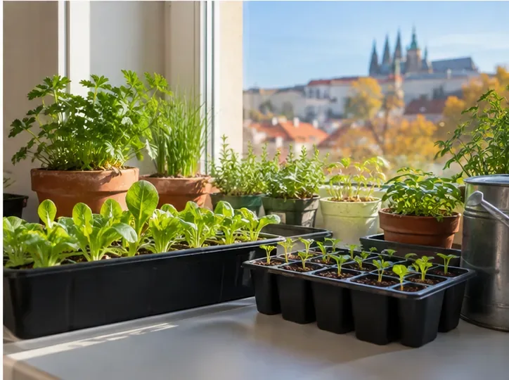 Truhlíky s mladými listovými sazenicemi a květináče s bylinkami na světlém okně s podzimním výhledem na Prahu