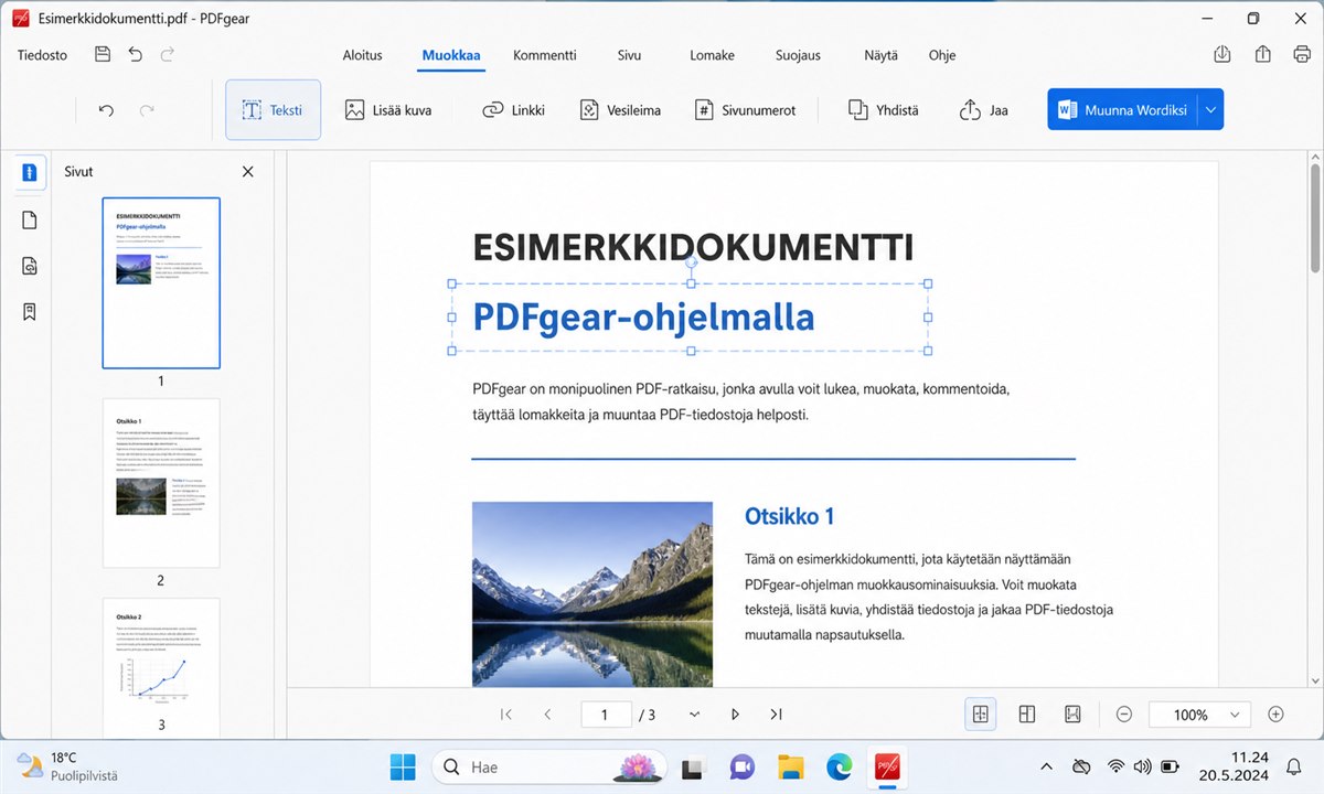 PDFgear ilmainen PDF-editori käyttöliittymä
