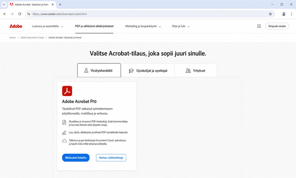 Adobe Acrobat Pro tilausvaihtoehdot virallisella sivustolla
