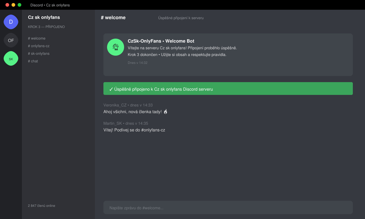 Snímek úspěšného připojení k Cz sk onlyfans Discord serveru s uvítací zprávou