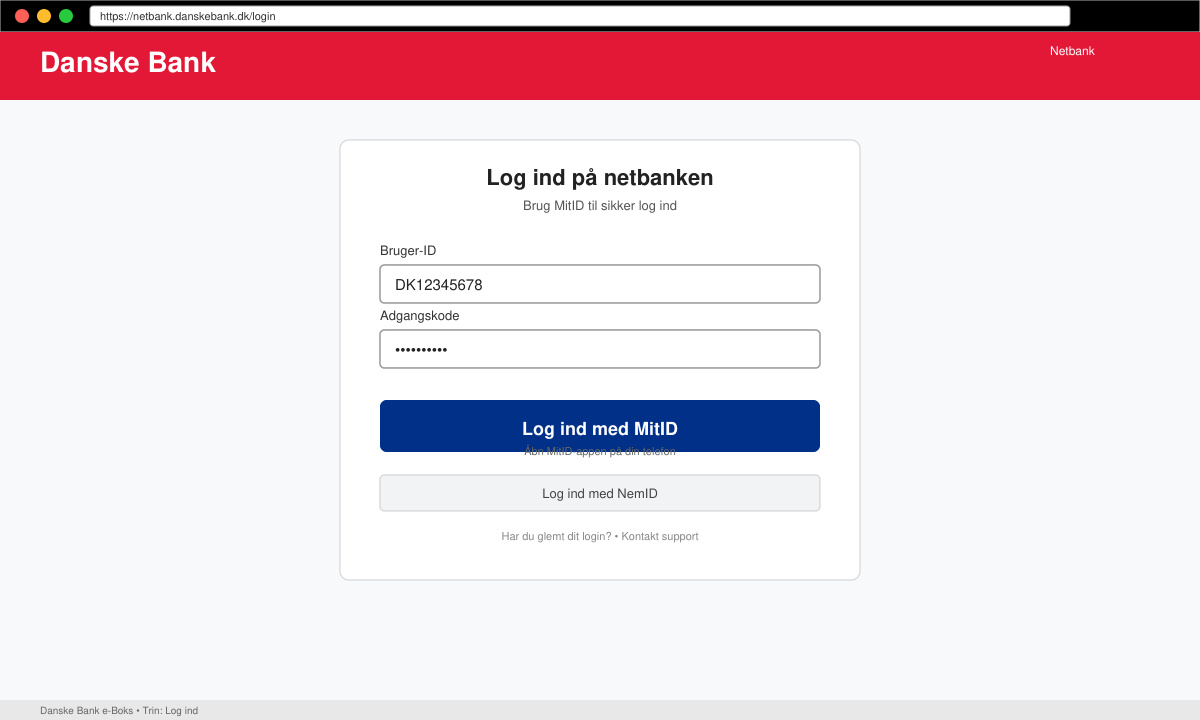 Log ind skærmbillede til Danske bank e boks