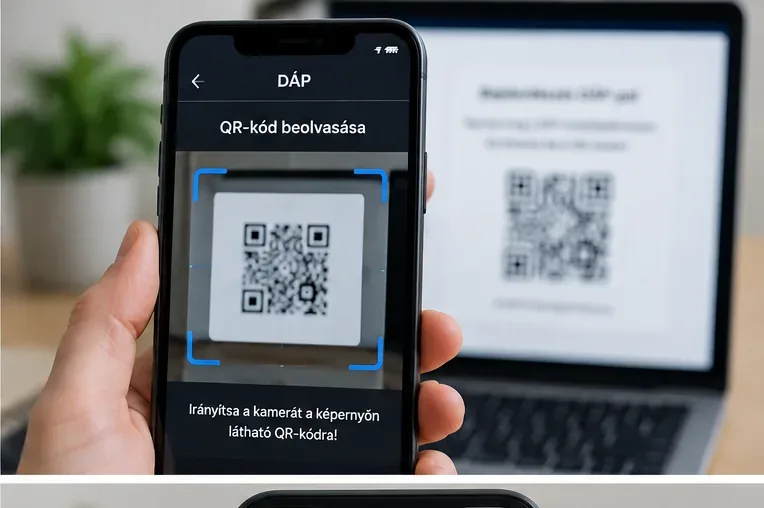 Telefon kameraképe egy laptopon megjelenő QR-kódra irányítva, a DÁP-os beolvasás szemléltetésére.