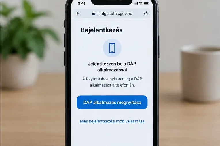 Mobil böngészőben DÁP alkalmazás megnyitására szolgáló gomb látható a bejelentkezés folytatásához.