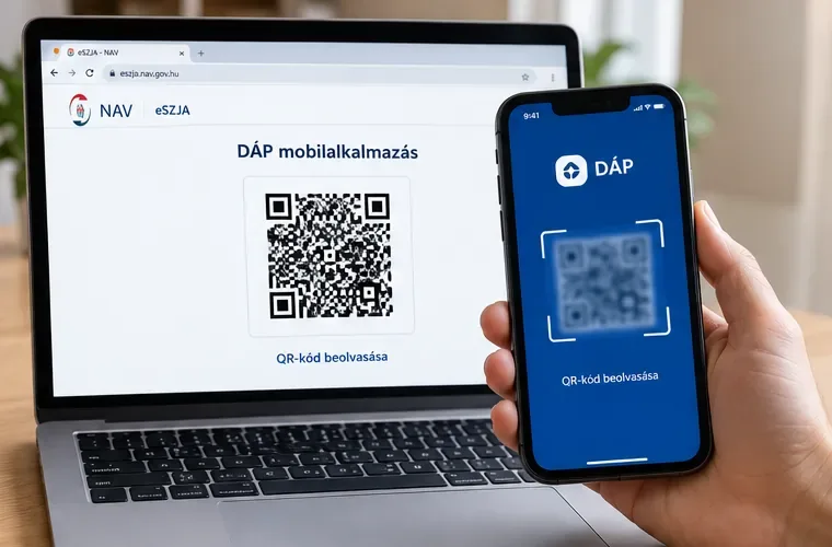 Laptopon megjelenő QR-kód és mellette a DÁP mobilalkalmazás QR-kód beolvasási nézete