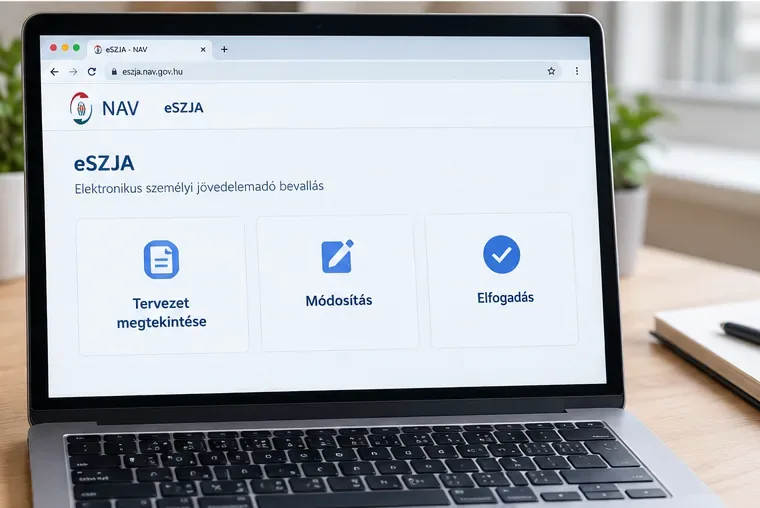 Az eSZJA belépés utáni felületének szemléltetése a tervezet megtekintésére, módosítására és elfogadására szolgáló lehetőségekkel