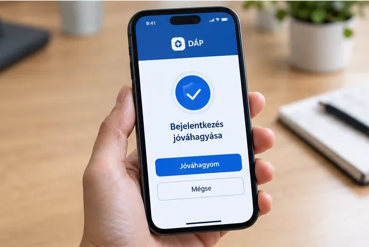 Telefonon megjelenő DÁP bejelentkezési jóváhagyás szemléltetése jóváhagyás és megszakítás lehetőséggel