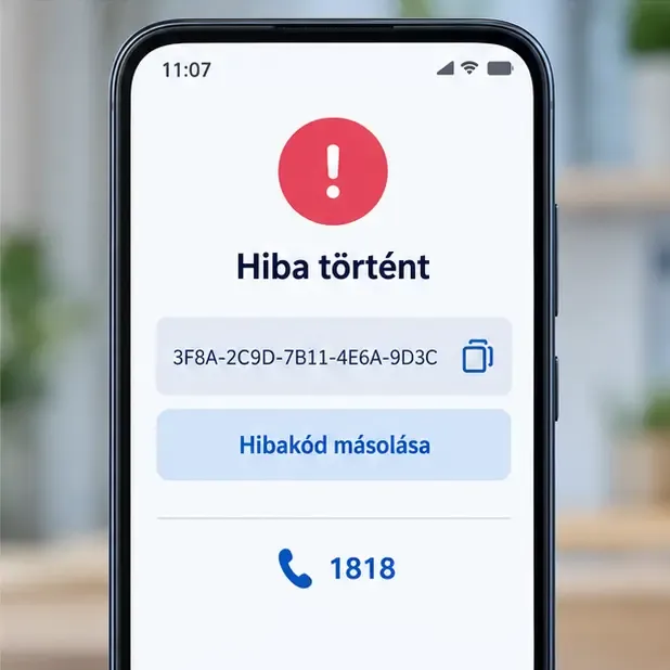 Telefonképernyő „Hiba történt” felirattal, másolható hibakóddal, „Hibakód másolása” gombbal és „1818” telefonszámmal.
