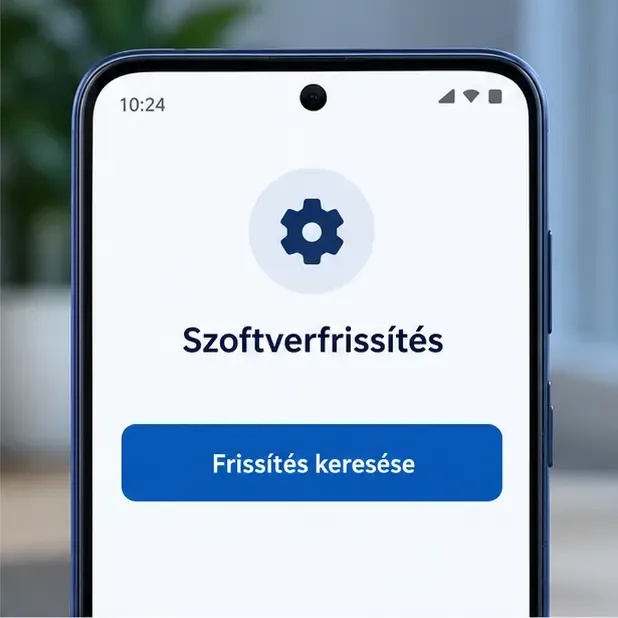 Telefon képernyőjén a „Szoftverfrissítés” oldal és a „Frissítés keresése” gomb látható.