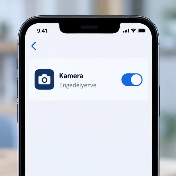 Telefonbeállítási képernyő, amelyen a „Kamera” engedély „Engedélyezve” állapotban látható.