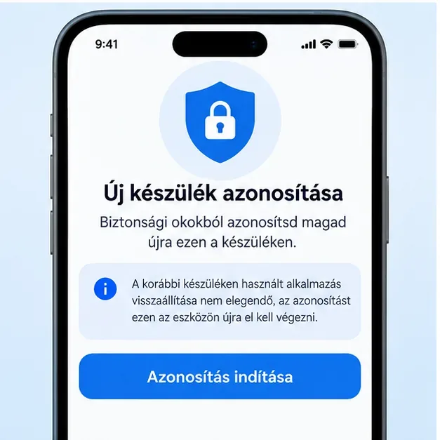 Az új készüléken szükséges ismételt azonosítást szemléltető képernyő, biztonsági zárral és az azonosítás indítására szolgáló gombbal.