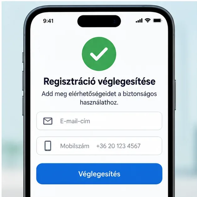 A DÁP regisztráció véglegesítését szemléltető képernyő e-mail-cím és mobilszám megadására szolgáló mezőkkel.
