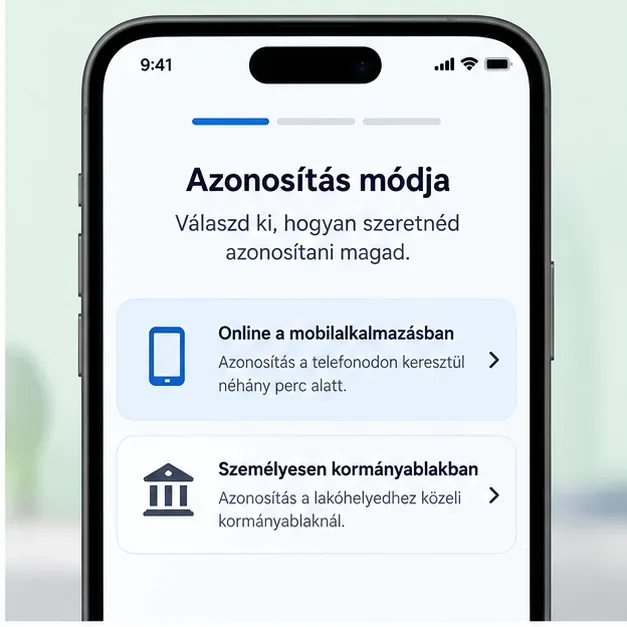 Az azonosítási mód kiválasztását szemléltető DÁP-képernyő, online mobilalkalmazásos és személyes kormányablakos lehetőséggel.