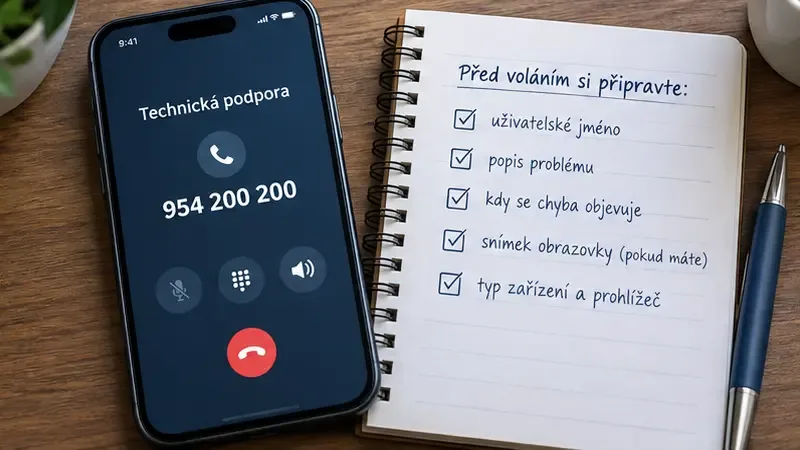 Ilustrační telefon s číslem infolinky 954 200 200 a poznámkový blok s údaji pro podporu