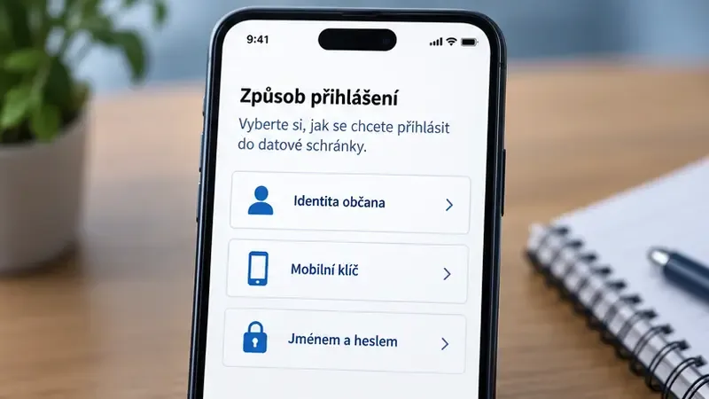 Ilustrační telefon s výběrem metod přihlášení Identitou občana, Mobilním klíčem a jménem s heslem
