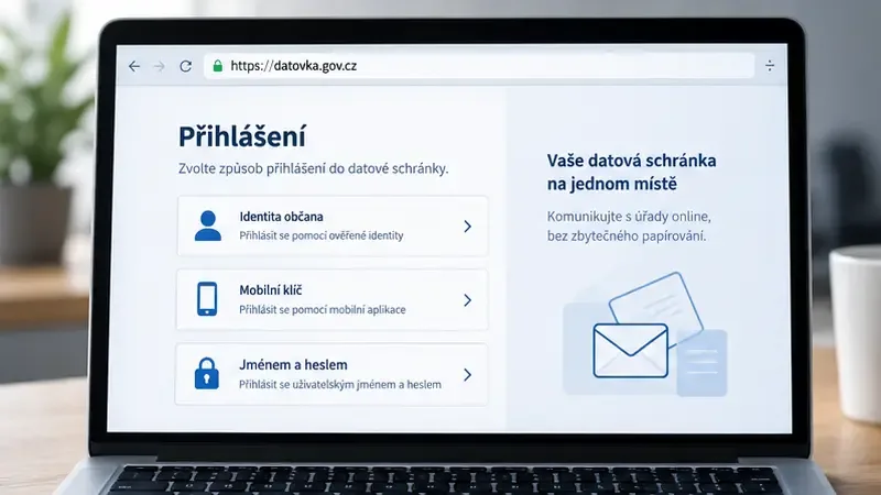 Ilustrační notebook s adresou datovka.gov.cz a nabídkou přihlášení do datové schránky