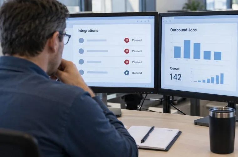 En driftsingeniør gjennomgår et generisk integrasjonsdashbord som viser midlertidig stansede jobber og en arbeidsmengde i kø