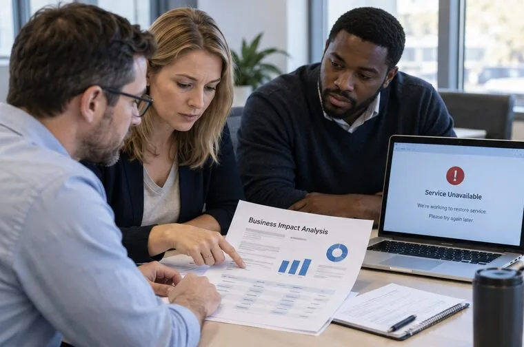 Et team for forretningskontinuitet gjennomgår en analyse av forretningskonsekvenser ved siden av en bærbar PC som viser en melding om at generisk tjeneste er utilgjengelig