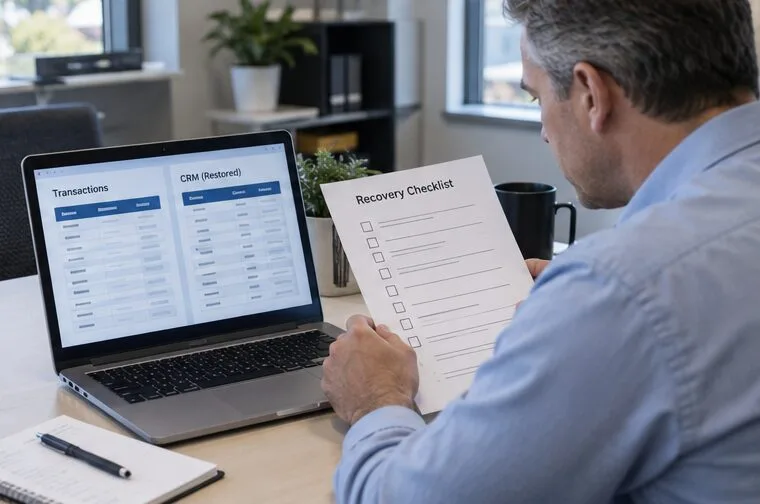 En teamleder sammenligner en generisk transaksjonstabell med en gjenopprettet CRM-tabell mens de sjekker en sjekkliste for gjenoppretting