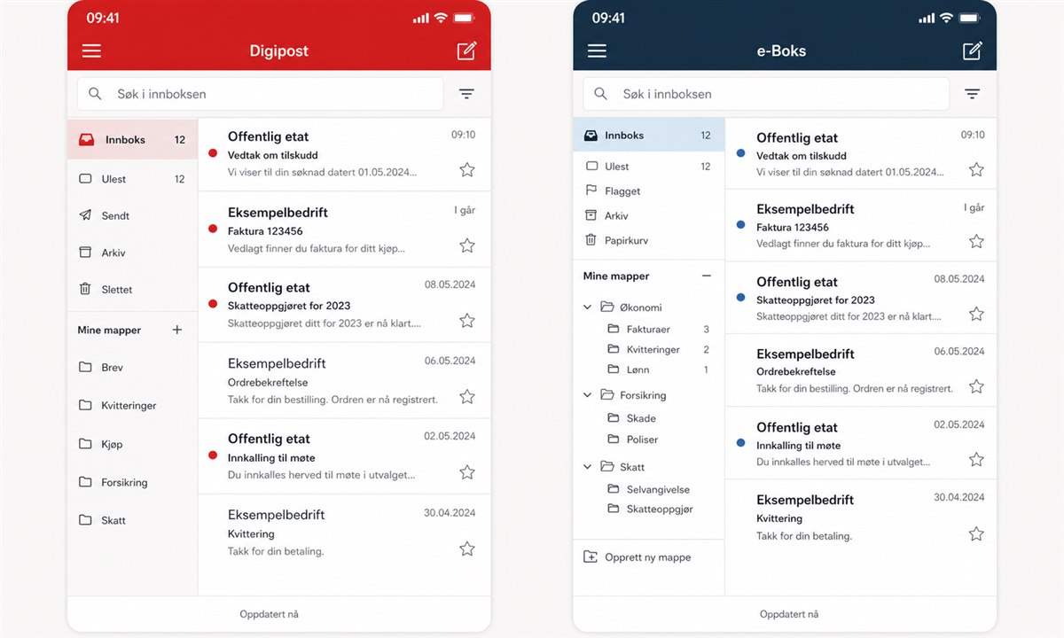 Digipost og e-Boks side ved side på mobilskjerm – brukergrensesnitt sammenligning
