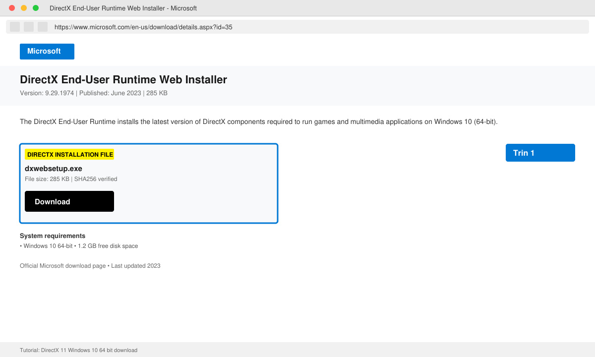 Screenshot of the official Microsoft download page with the DirectX installer file highlighted