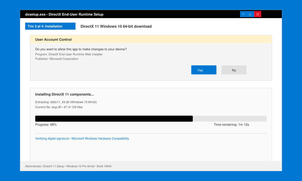 Windows User Account Control prompt followed by the DirectX installer progress bar