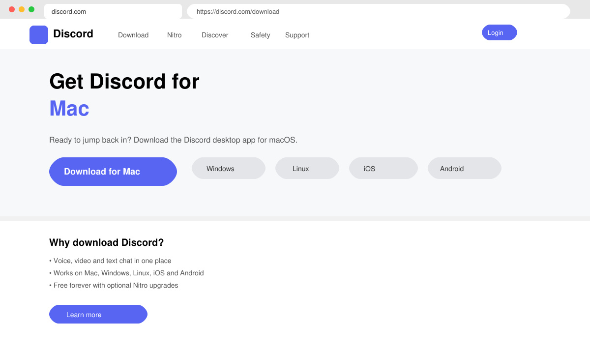 Screenshot of discord.com/download page with Mac download button visible