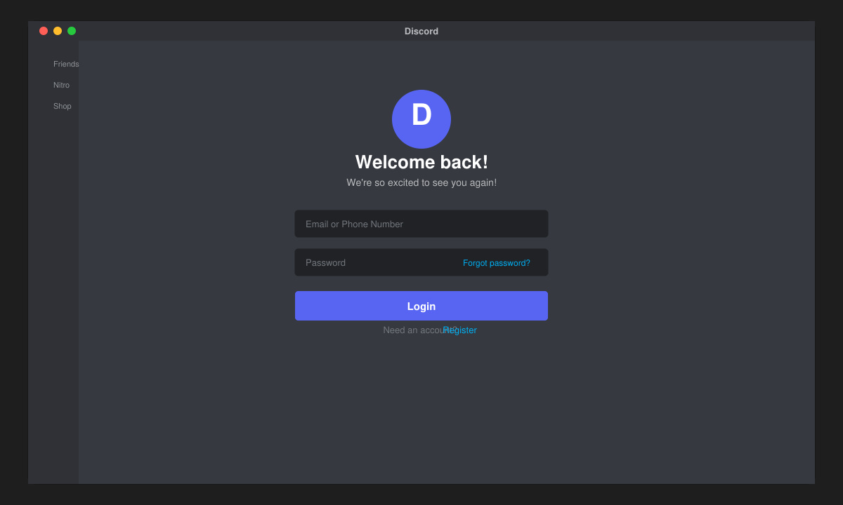 Discord app running on Mac showing the login screen