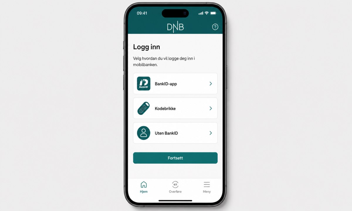 DNB-app innloggingsskjerm med BankID og kodebrikke-alternativer