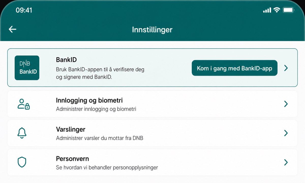 DNB-app innstillingsmeny med BankID-aktiveringsalternativ