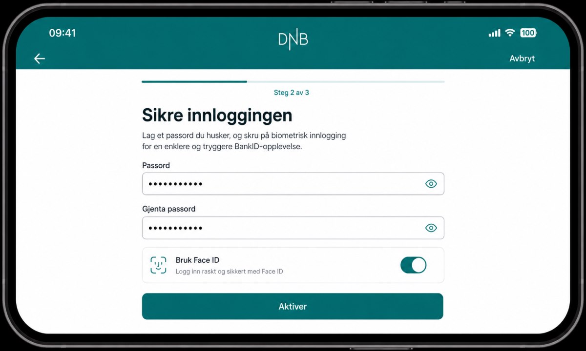 Opprettelse av BankID-passord og aktivering av Face ID i DNB-appen
