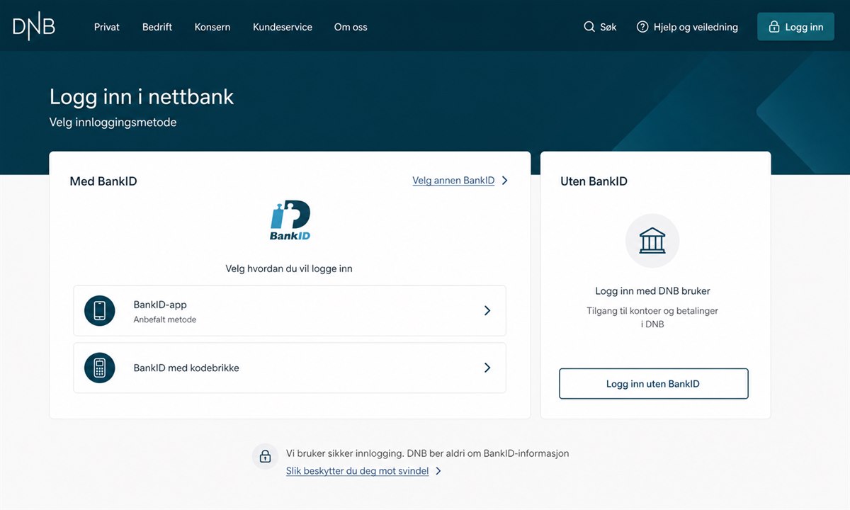 Gå til DNB nettbank og velg innlogging med kodebrikke