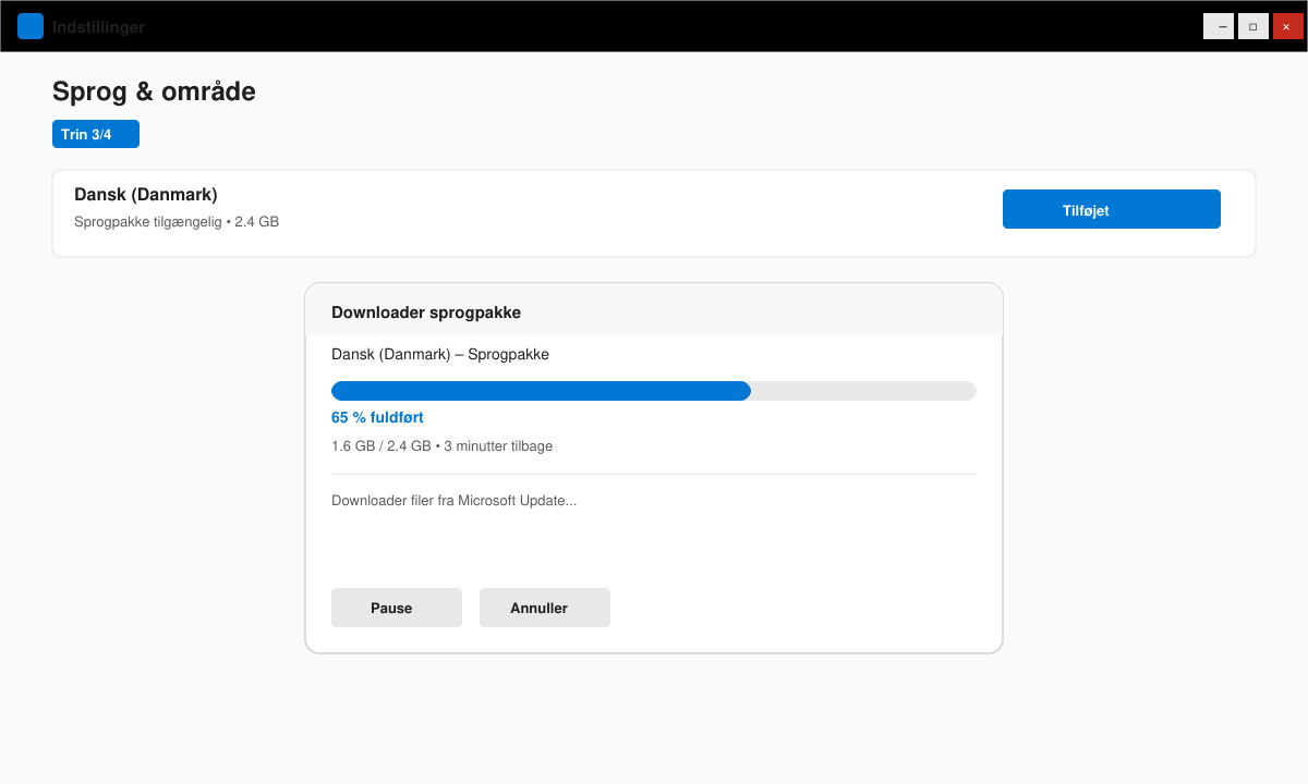 Installationsvindue der viser download af sprogpakke i gang