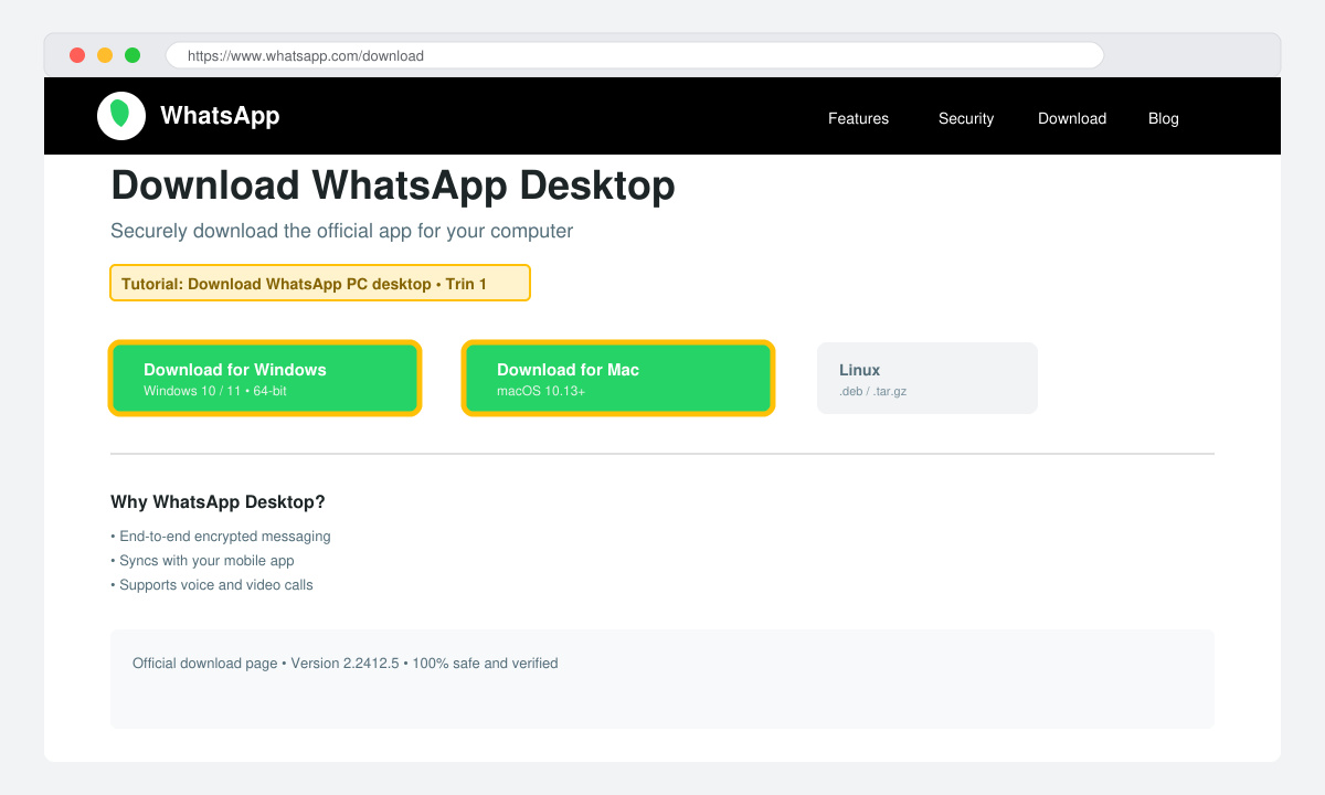 Screenshot of the official WhatsApp download page with Windows and Mac buttons highlighted