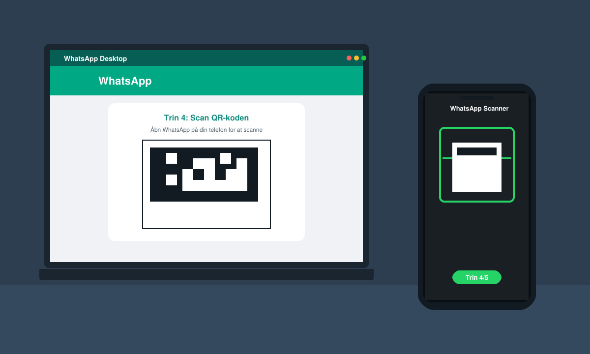 Phone scanning the QR code displayed in the WhatsApp Desktop app on a computer screen