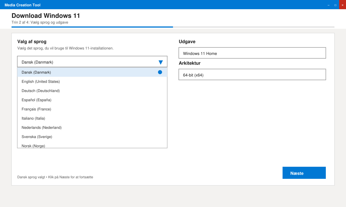 Valg af dansk sprog i Media Creation Tool