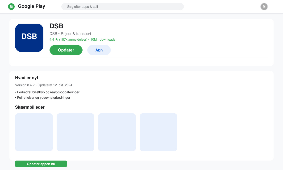 Skærmbillede af Google Play med DSB-appen markeret til opdatering