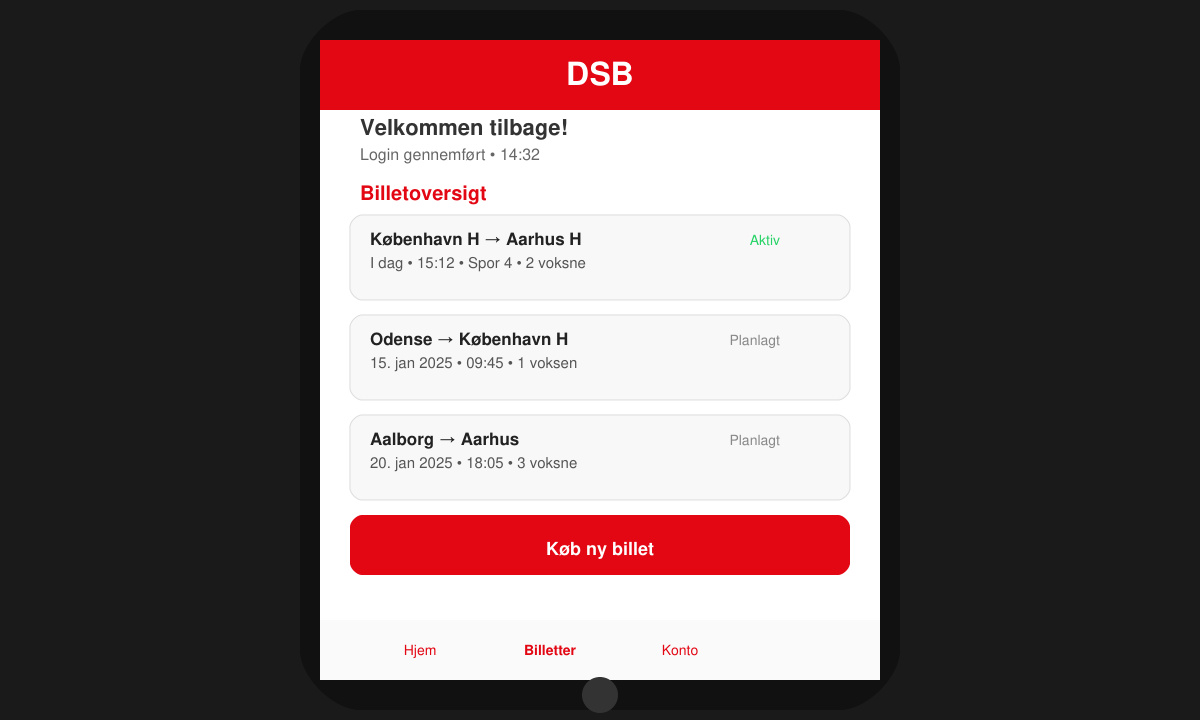Phone screen showing successful login in the updated DSB app with ticket overview