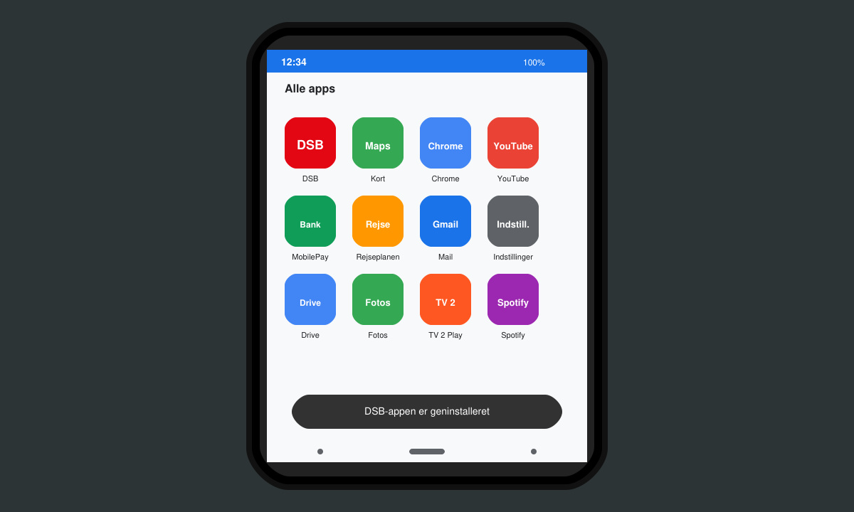 Telefonens app-skuffe hvor DSB-appen netop er geninstalleret og åbnet