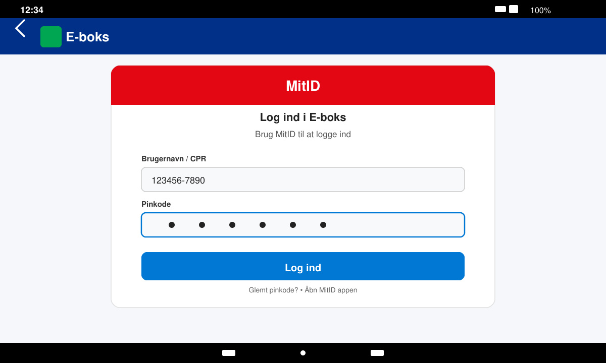 Log ind skærm i E boks app Android med MitID