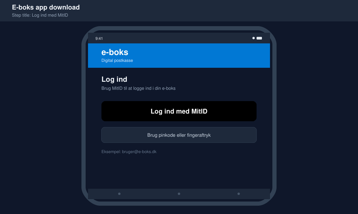 Skærmbillede af login-skærmen i E-boks appen med MitID-knap