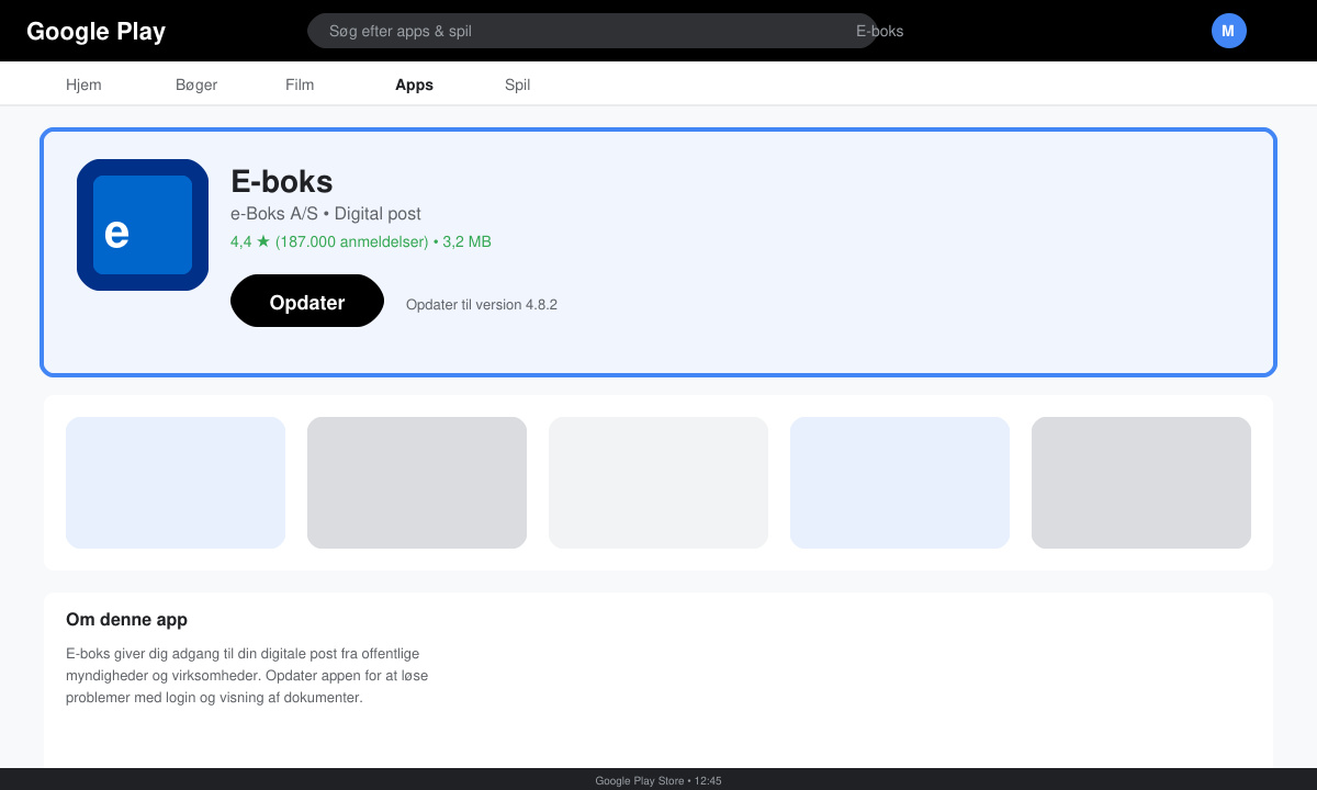 Skærmbillede af Google Play Store med E-boks appen fremhævet og Opdater-knappen synlig