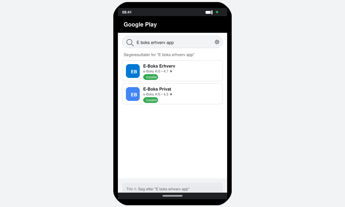 Søgning efter E boks erhverv app i Google Play Store