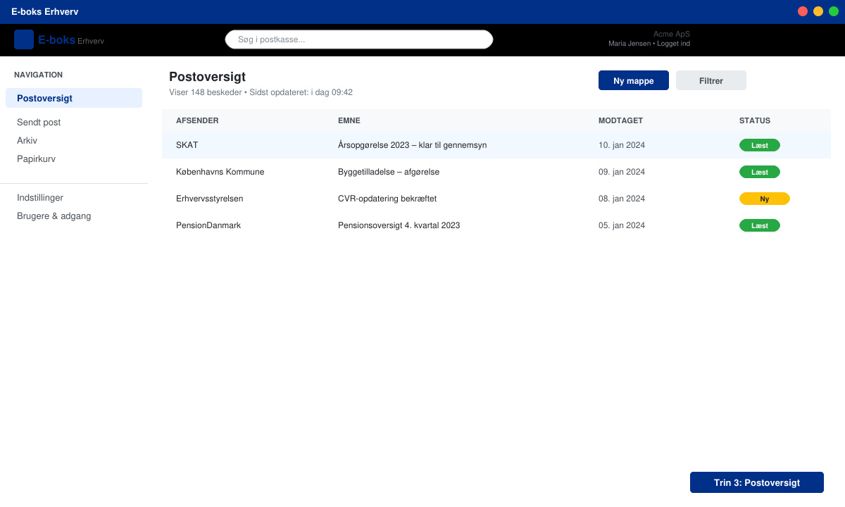 Oversigt over post i E boks erhverv app efter vellykket login