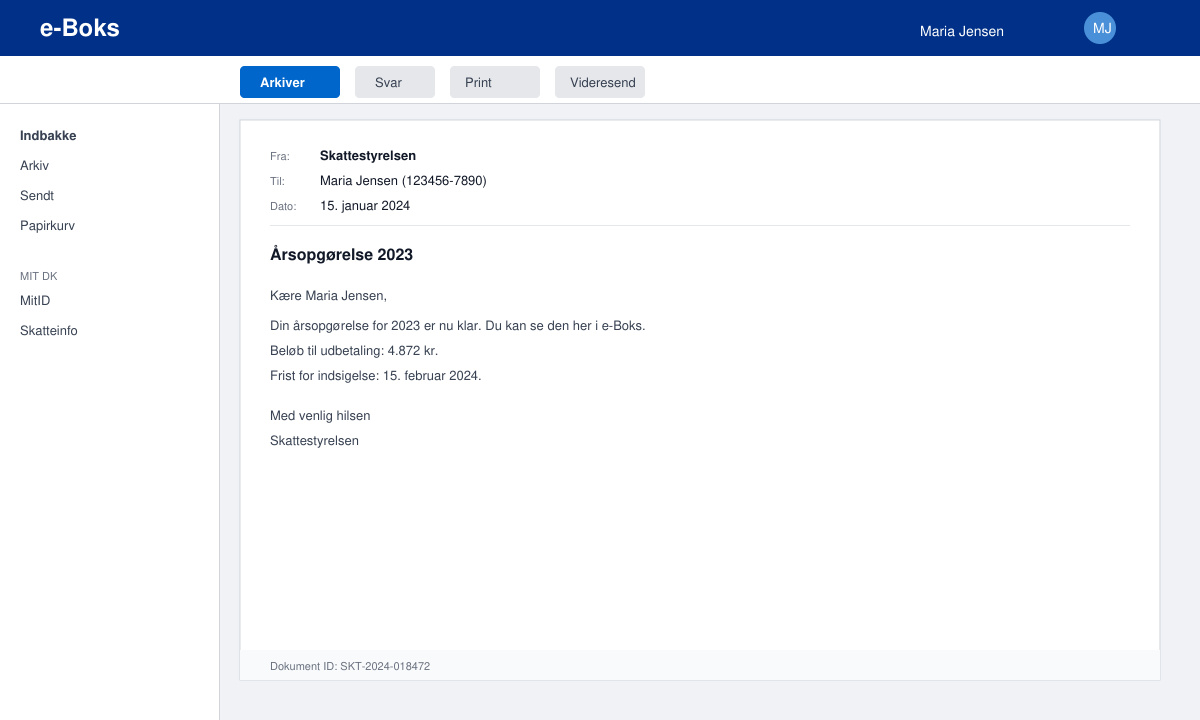 Billede af åbent brev i E-boks med arkiveringsknap