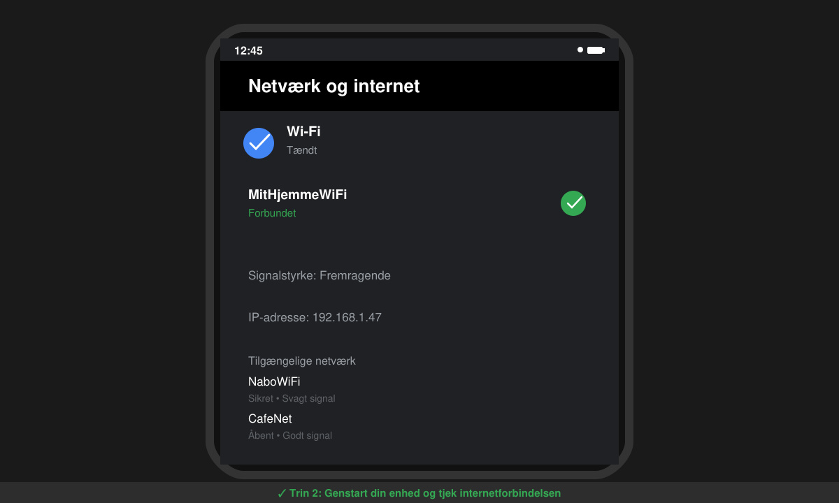 Skærmbillede af telefonens netværksindstillinger med Wi-Fi tilsluttet
