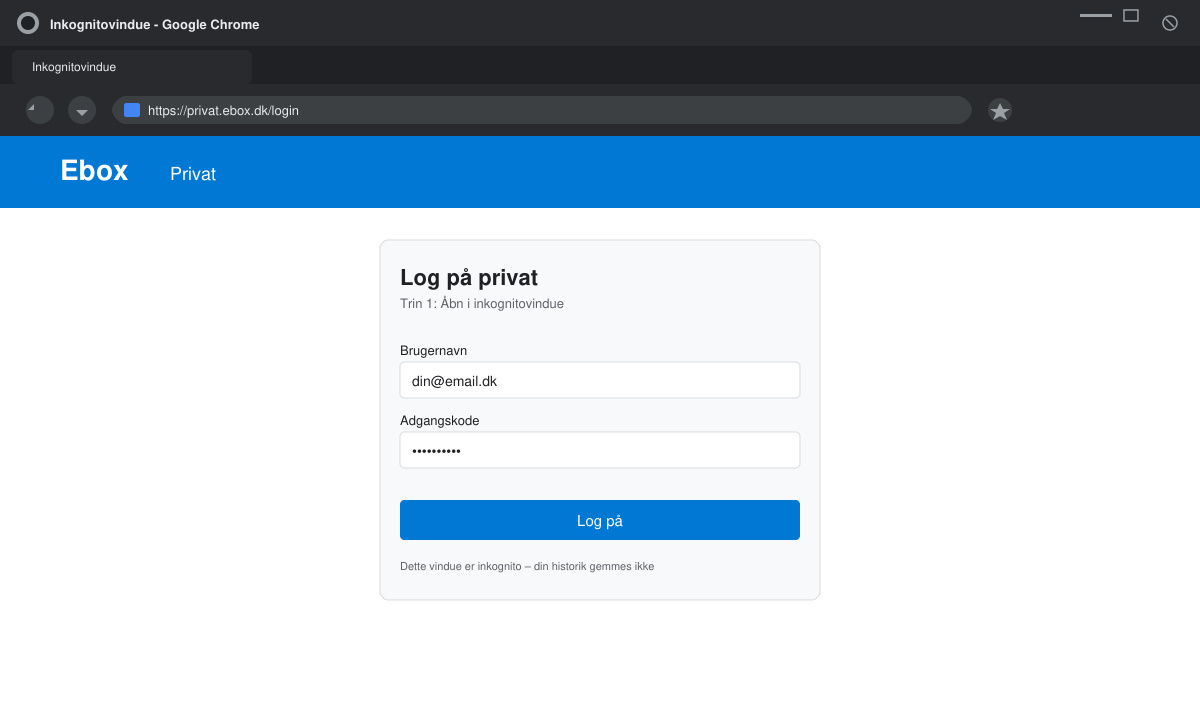 Inkognitovindue åbent til Ebox log på privat