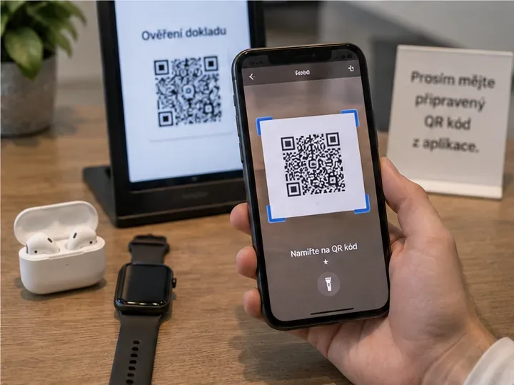 Telefon zaměřený fotoaparátem na QR kód zobrazený na obrazovce ověřovatele.