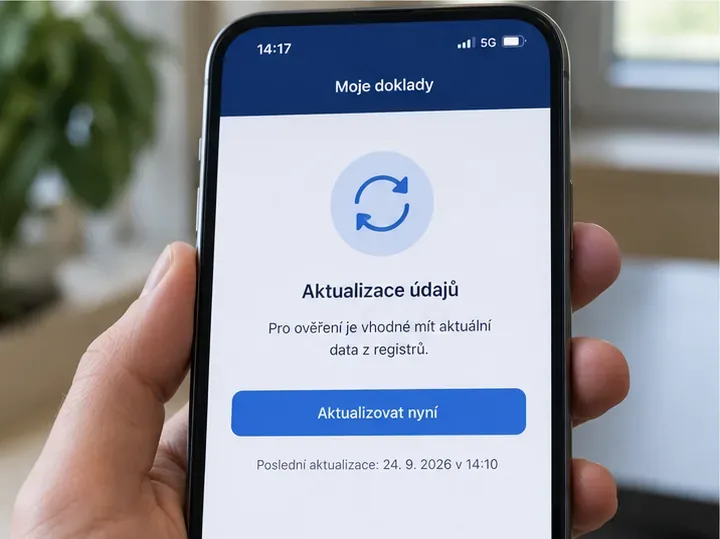 Telefon s ilustrační obrazovkou aktualizace údajů v eDokladech a výrazným symbolem obnovení.