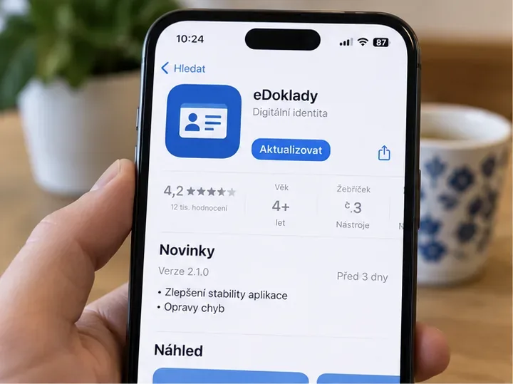 Telefon s otevřenou stránkou aplikace eDoklady v obchodě s aplikacemi a tlačítkem pro aktualizaci.
